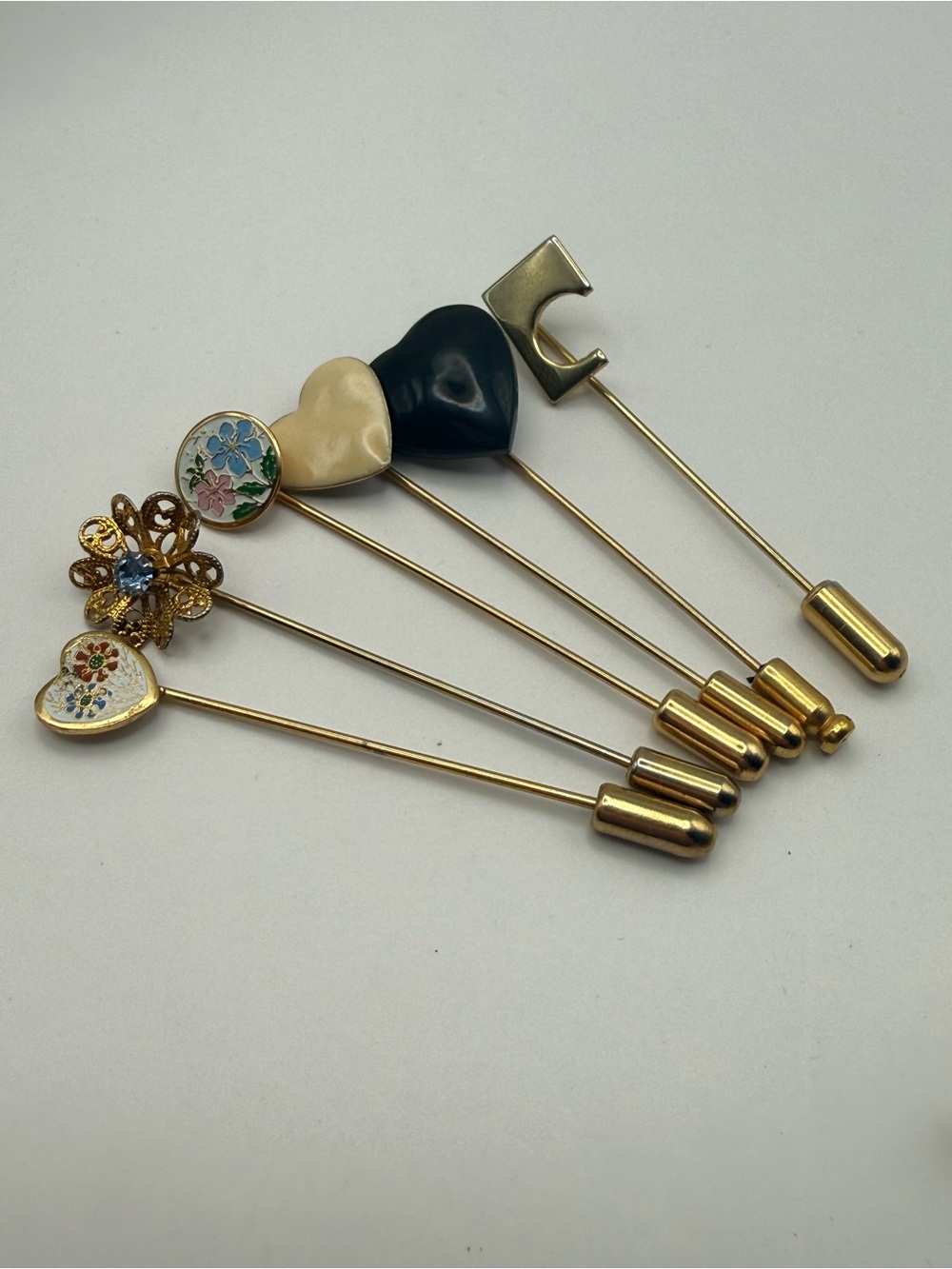 Vintage Gold Tone Stick Pin Lot of 6 Enamel Hearts Floral Rhinestone Lapel Pins